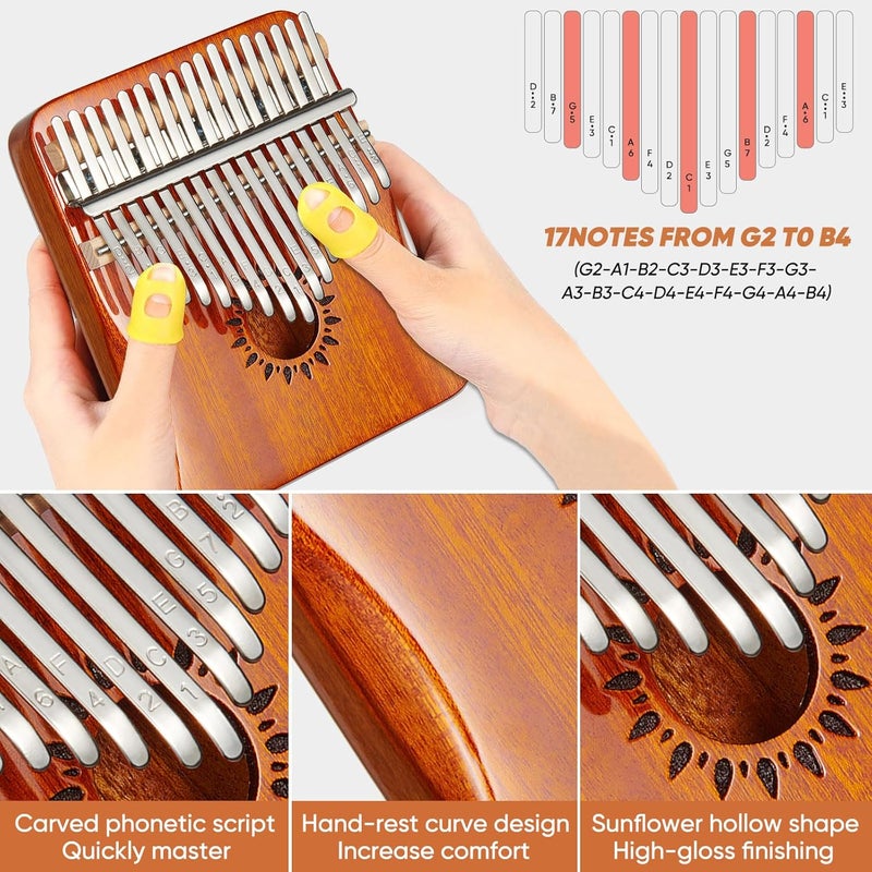 Aarvi Kalimba Thumb Piano, Portable 17 Keys Mbira Finger Piano with Tune Hammer and Study Instruction, Musical Instrument Birthday Gift for Adult Beginners & Professionals (yellow) - Image 2